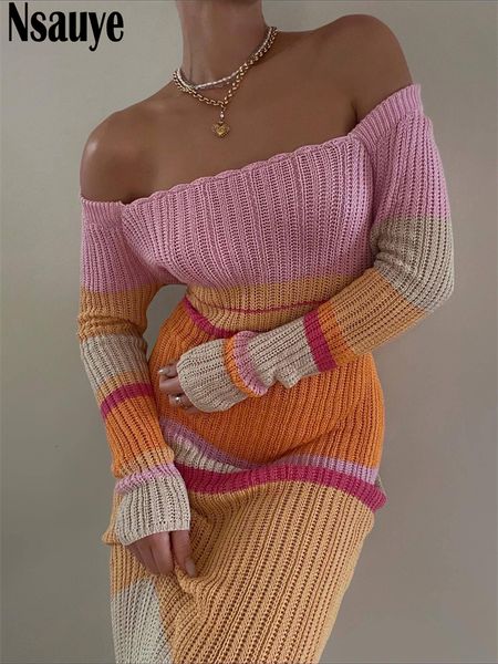 

casual dresses nsauye women beach evening party knitted off shoulder long sleeve bodycon summer y2k maxi dress 221119, Black;gray