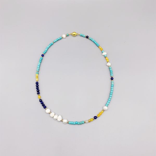 

chokers folisaunique 4mm blue lapis yellow agate turquoise necklace for women girls casual trendy jewelry 7 8mm white potato pearls 221121, Golden;silver
