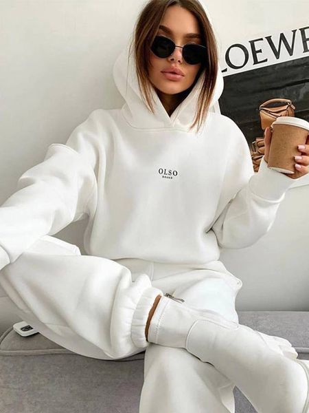 

womens two piece pants women 2 set sweatshirt suit solid long sleeve hooded elastic waist pant ladies autumn fleece streetwear outfits 22112, White