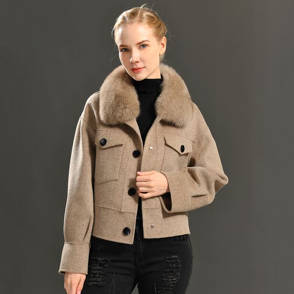 

women's wool blends cashmere coat with big real fur collar winter jacket pocket full sleeves women cropped outerwear streetwear 221121, Black