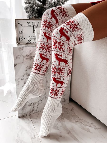 

socks hosiery christmas women's thigh high snowflake print knit over the knee stockings female warm autumn winter 221119, Black;white