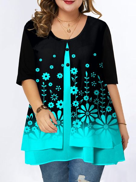 

women's plus size tshirt 5xl 6xl plus size ladies women summer half sleeve floral print casual blouse shirt fake two pieces loose over, Black