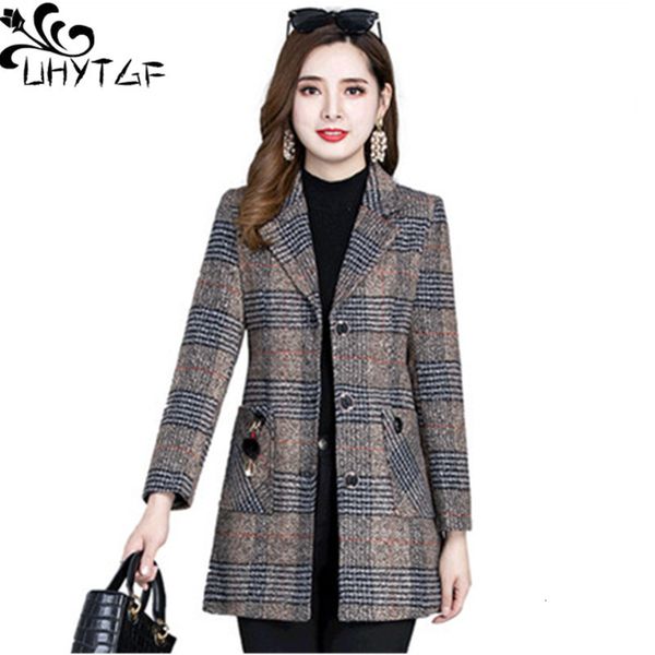 

women's wool blends uhytgf 5xl loose size jacket womens fashion plaid autumn winter woolen coat women casual female coats abrigos mujer, Black