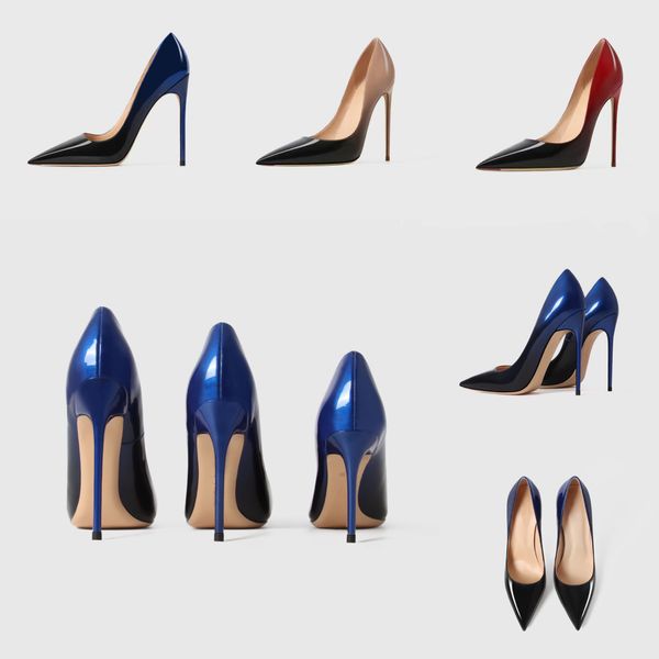 

new women's sandals luxury slim high heels french designer single shoe pointed matching letter gradient lacquer leather box 35-44, Black