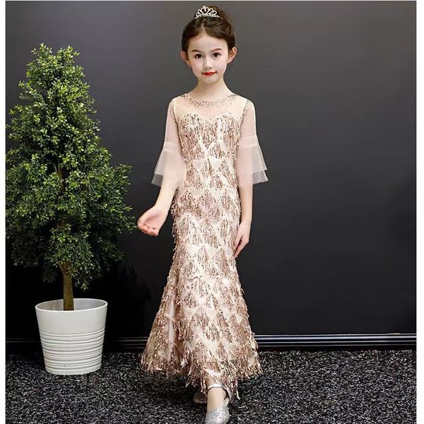 

2022 flower girls dresses for wedding new year' rose gold sequins half sleeve tassels sequined first communion dress kids prom dress b, White;blue