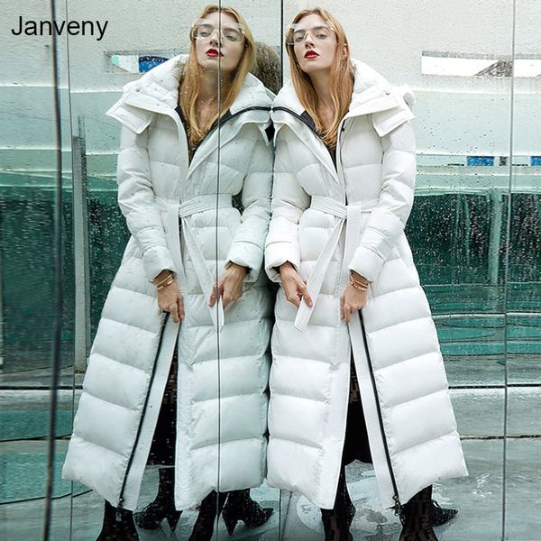 

women's down parkas janveny long puffer jacket women winter 90 white duck coat feather fluffy female with belt snow outwear 221121, Black