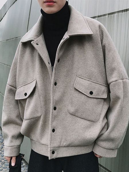 

men's jackets gmiixder fleece sweatshirt cardigan boy winter button up woolen coat students harajuku style lapel woolen short thick win, Black;brown