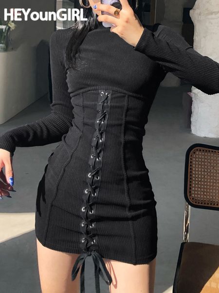 

casual dresses heyoungirl tie up bandage black bodycon dress autumn basic long sleeve knitted mini ladies skinny winter fashion 221121, Black;gray