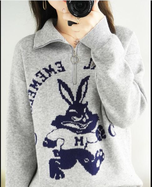 

autumn winter women oversized cashmere sweater casual loose-fitting pullovers female little rabbit pattern zipper polo lapel jumpers for lad, White;black