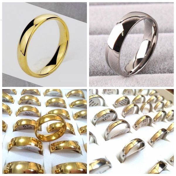 

wedding rings 100x silver gold plate 4mm 6mm mix stainless steel band for men and women wholesale jewelry 221121, Slivery;golden
