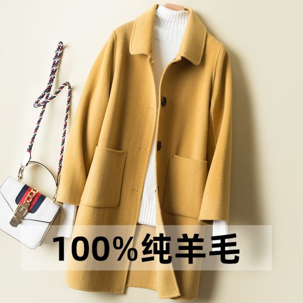 

women's wool blends double % of wool coat in the female sprg and autumn wter long overcoat collar cashmere cloth doll big yards 221121, Black