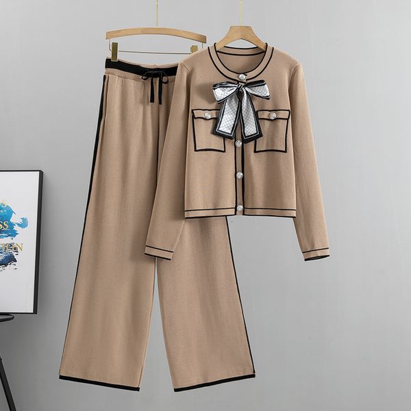 

womens two piece pants autumn women elegant pleated set long sleeve bowknot high waist wide leg suit female casual outfits 221121, White
