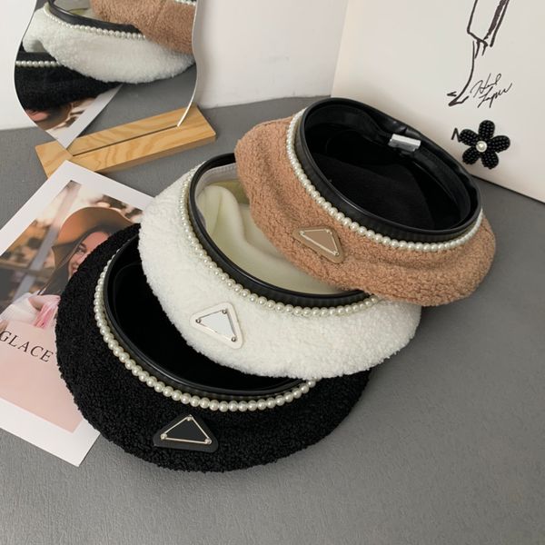 

autumn and winter cashmere designer beanie women's fashion metal triangle letters bonnet brim inlaid with pearls beanies, Blue;gray
