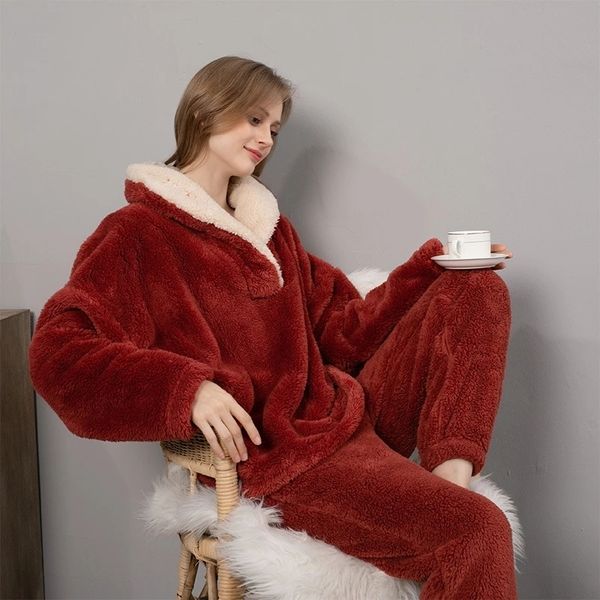 

women's sleepwear pajama sets solid long sleeve winter woman fluffy pijama suit with pants thick warm fleece home clothes for female 22, Black;red