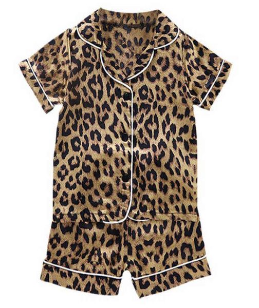 

kids pajamas set leopard silk satin kids boys girls sleepwears outfits set short sleeve blouse shorts sleepwear g220428, Blue;red