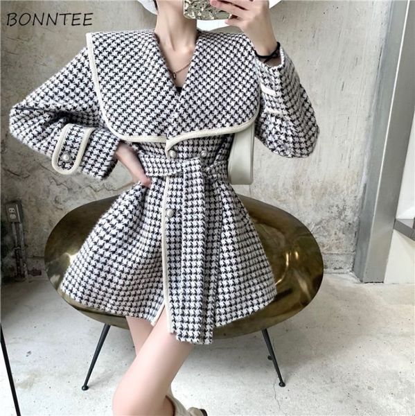 

women blend retro korean style temperament clothes fashion ladies outwear all match casual houndstooth simple basic winter cozy 221119, Black
