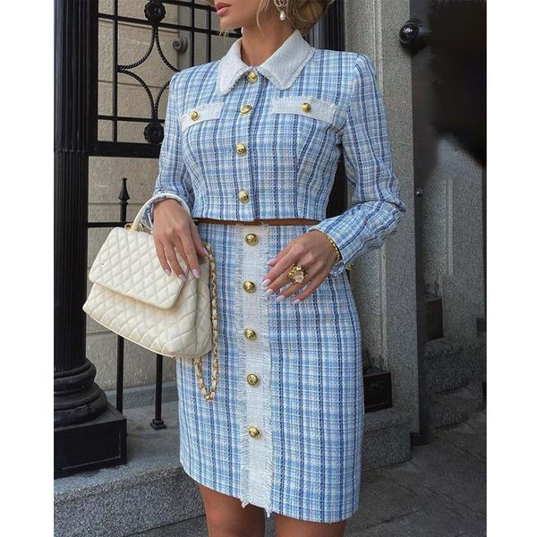 

two piece dress casual dresses elegant women chic two piece suits tweed buttoned coat high waist skirt set 221121, White