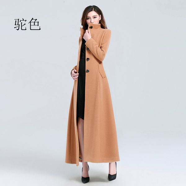 

women's wool blends autumn and winter super long stand collar slim waist fashion temperament retro triangle buckle woolen coat 221121, Black