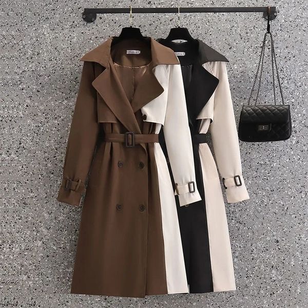 

women's trench coats autumn korean mid length women fashion contrast color patchwork spring windbreaker female windproof jacket 221121, Tan;black