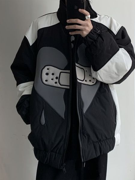 

men's jackets gmiixder japan retro baseball jacket men high street dark black collision heart stand collar coat punk patchwork bomber j, Black;brown