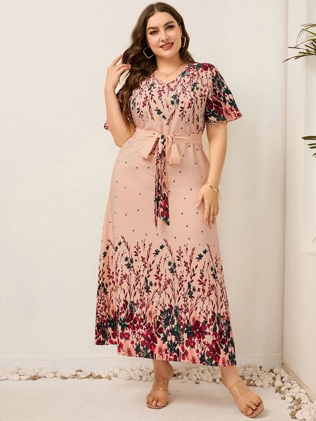 

plus size dresses women summer long dress v neck short sleeve floral print boho beach dress curvy woman plus size women clothing 221121, Black