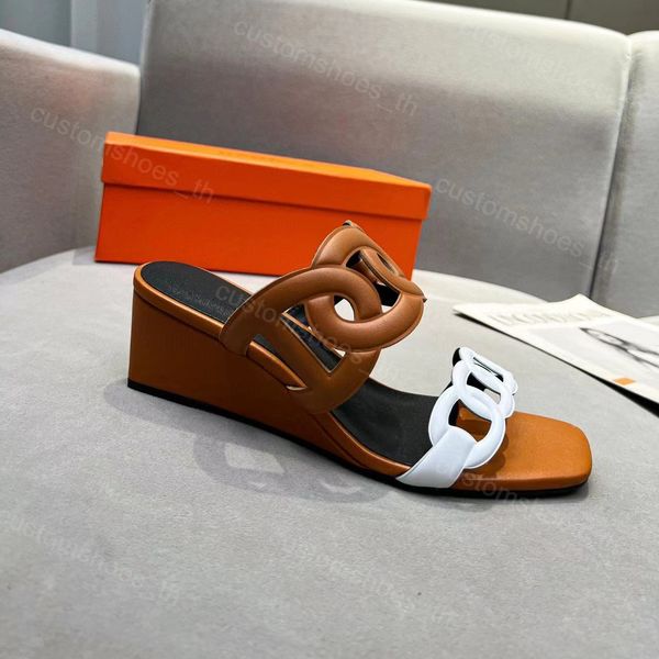 

55 sandal designer slipper 23ss mid heel slides wedge heeled leather mules lady heels chain slippers casual fashion splice multicolor 35-42, Black