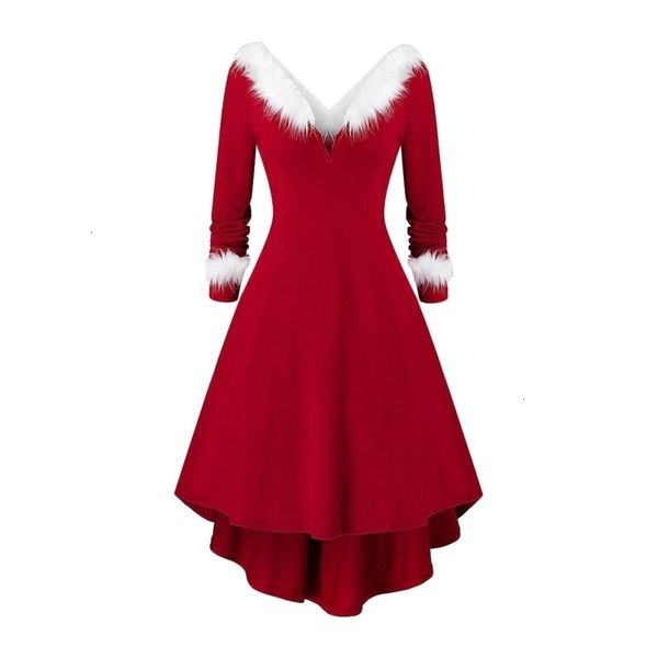

casual dresses women christmas long sleeve v-neck red midi swing dress white plush trim pleated asymmetric party santa costume 221119, Black;gray