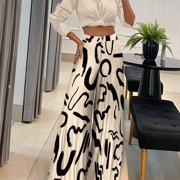 

women s two piece pants set s outifits fashion autumn streetwear embossed crop shirt high waist wide leg casual set 221119, White