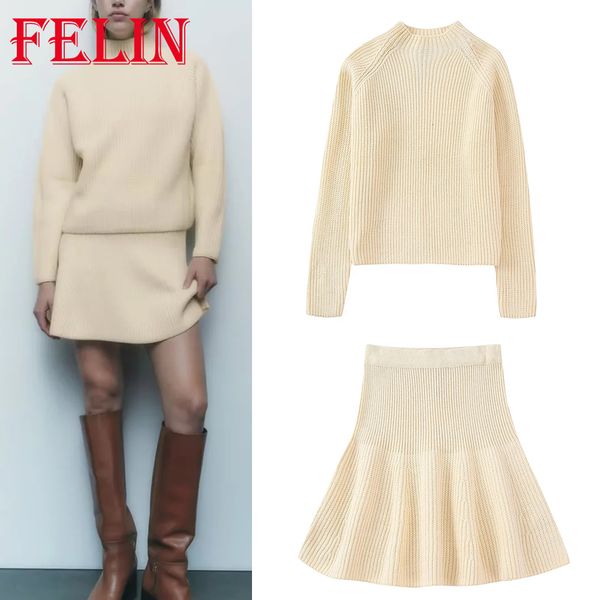 

two piece dress casual dresses traf chic solid beige oversized autumn women suit long sleeve loose all match sweater a line mini skirt fashi, White