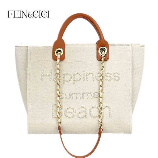 

designer bag women bags shopper brand beaded pearls canvas tote hand large capacity shoulder genuine leather handle beach