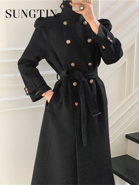 

women's wool blends sungtin korea casual loose turtleneck woolen coat with belt women thick warm sashes long jacket female elegant 2211, Black
