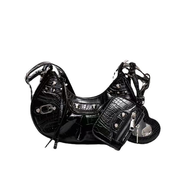 

rivet locomotive fringe design women bag armpit bag tassel 3-in-1 fold bags single shoulder oblique cross body handbag