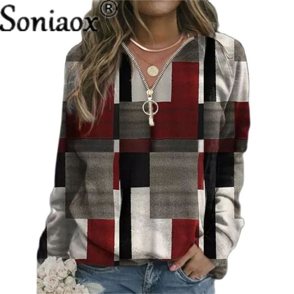 

women's hoodies sweatshirts autumn women loose casual v neck zipper long sleeve plaid pullover streetwear ladies fashion 221121, Black