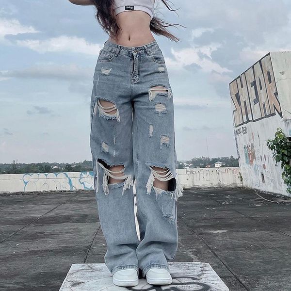 

womens jeans streetwear ripped straight pants mid waist loose summer baggy y2k high street cargo 221121, Blue