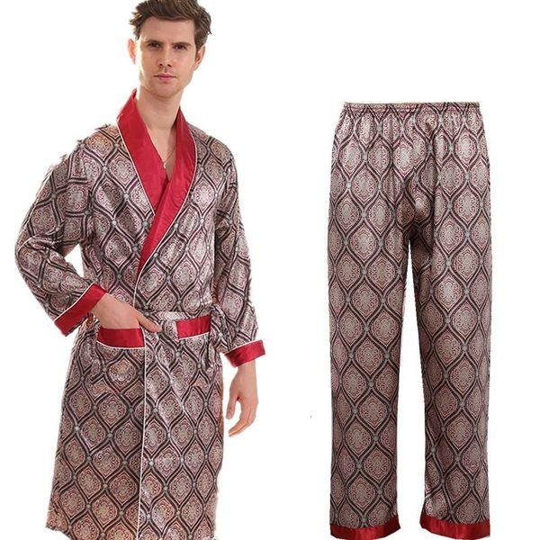 

men s sleepwear robe pants pajama set 7xl two piece bathrobe shorts suit silk for kimono home soft cozy long sleeved bath gown 221119, Black;brown
