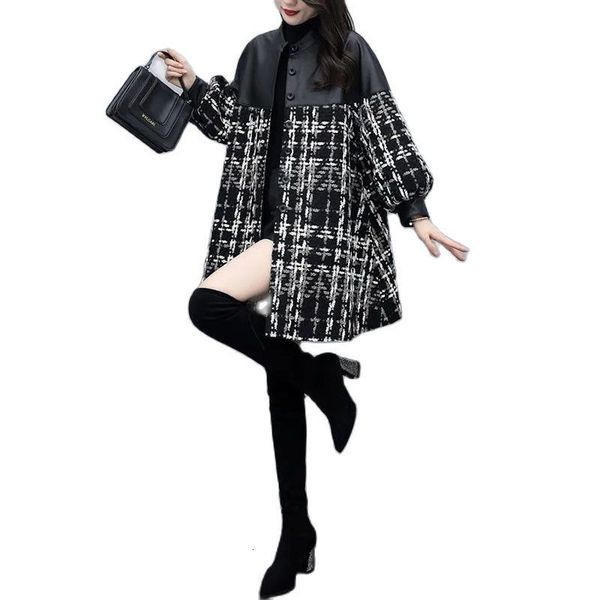

women's wool blends woolen coat autumn winter loose pu stitching tweed plaid mid-length casual leather jacket outerwea 221121, Black