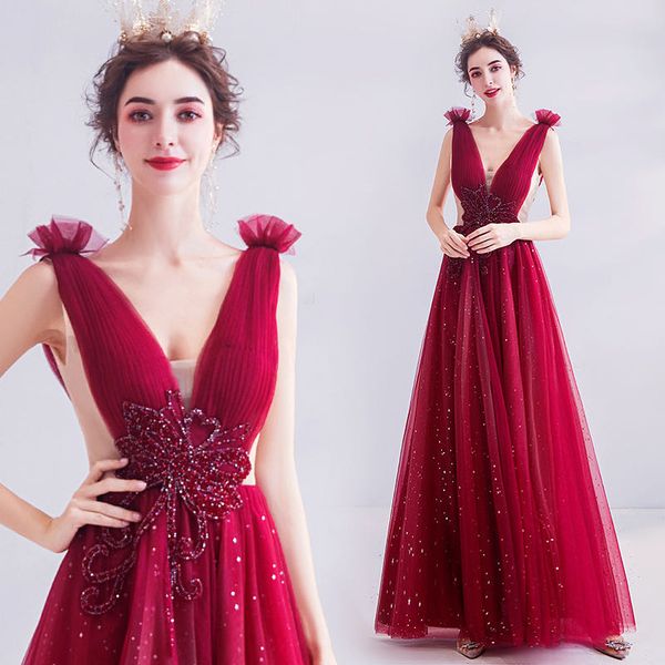

new red evening dresses 2022 deep v-neck formal prom dress sweep train piping sequined modern long skirt transparent pageant party gowns, Black;red