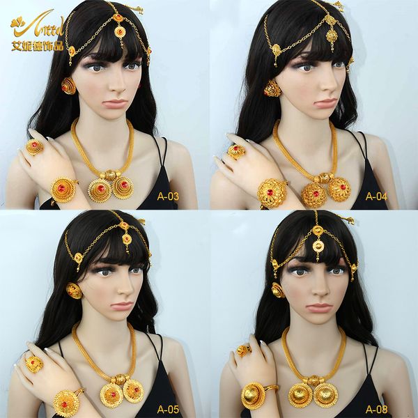 

wedding jewelry sets aniid ethiopian gold plated 6pcs with red crystal zircon stone indian necklace set party gifts 221119, Slivery;golden
