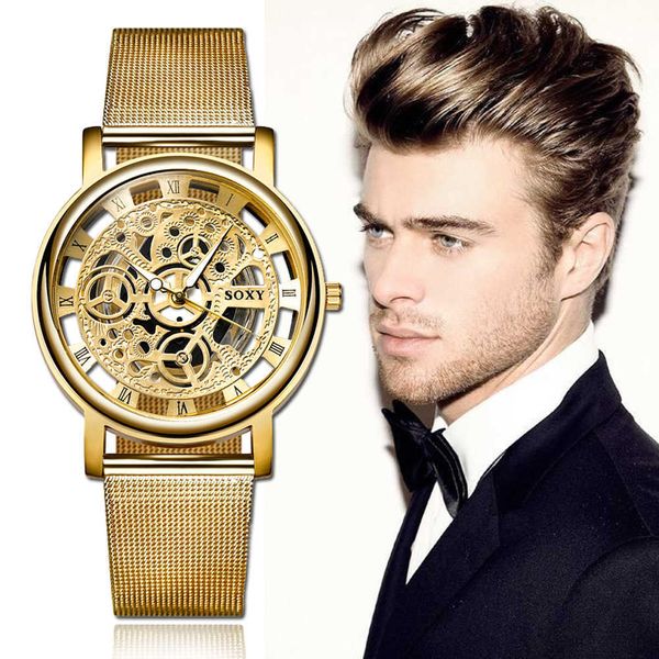 

watches 2022 luxury skeleton men women wrist fashion montre homme gold steel mesh 's n31y, Slivery;brown