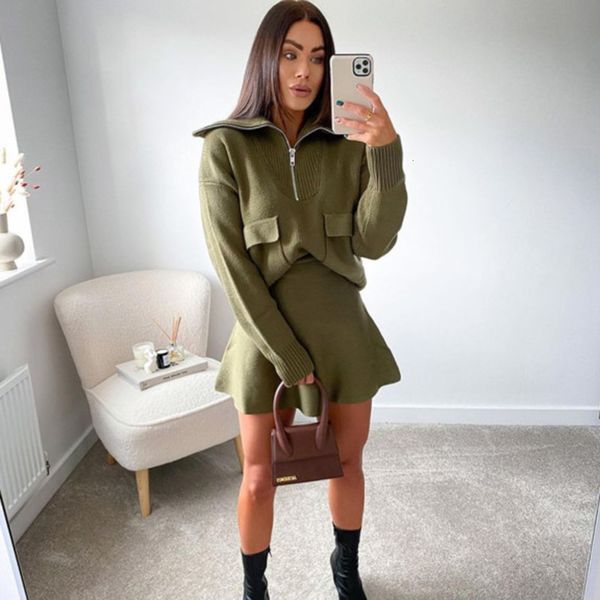 

two piece dress casual dresses xikom autumn armygreen knitted sets womens outfits long sleeve sweaters for women fashion elastic waist highw, White