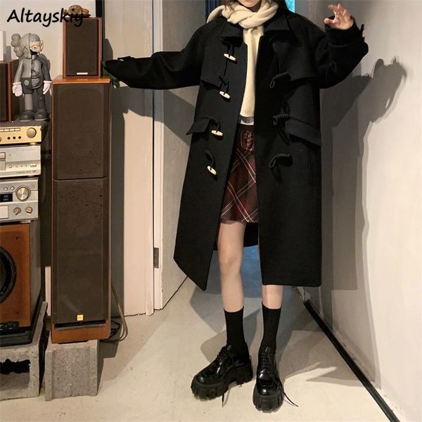 

women blends horn buttons black woolen coat preppy style solid students warm thicker winter temperature fashion wide waist chic 221119