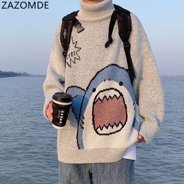 

men's sweaters zazomde turtlenecks shark sweater winter patchwor harajuku korean style high neck oversized grey turtleneck for 221121, White;black