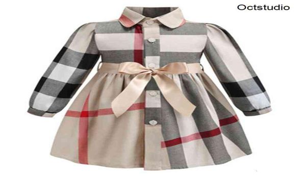 

baby girl designer clothing dress summer girls long sleeve dress cotton baby kids multi colors big plaid bow dress8865433, Red;yellow