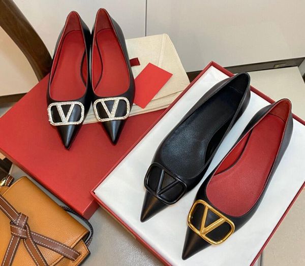 

designer flat shoes brand pointed sandals genuine leather metal v-buckle women's dress shoes white blue red nude black include box and