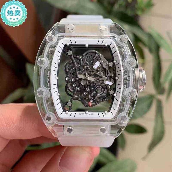 

automatic watch men's mechanical business transparent richa fashion trend hollow out rubber millr luminous, Slivery;black