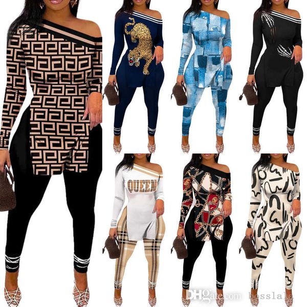 

designer women printed pants outfits off shoulder split t shirt leggings suit 2 piece matching sets 2022 fall winter, Gray