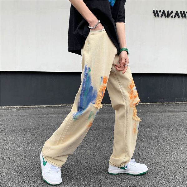 

men's jeans brand ripped korean version personality straight trousers loose hiphop casual wideleg 221119, Blue
