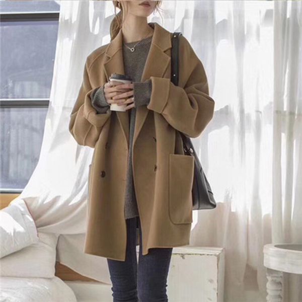 

Chic autumn and winter coat windbreaker 2021 new lazy wind ladies coat spring and autumn wild woolen coat women's tide, Black