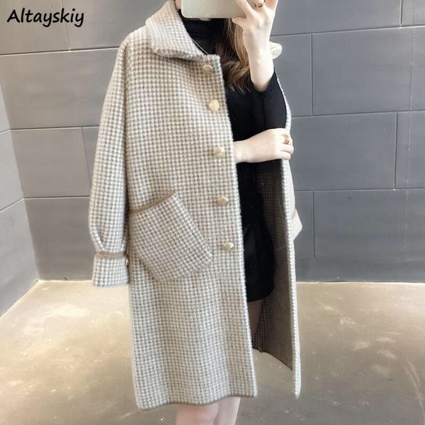 

women blends imitation mink fleece winter coat ulzzang outwear loose plaid single breasted a line turn down collar lovely 221119, Black