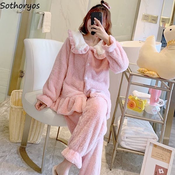 

women's sleepwear winter pajama sets women coral velvet ruffles thermal simple single breasted fuzzy nightwear cute tender ins stylish, Black;red
